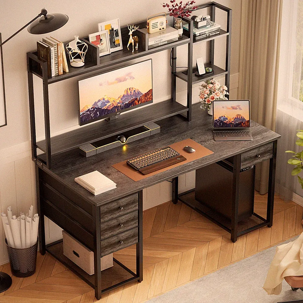 47'' Computer Desk with Hutch and Drawers, Gaming Desk with Charge Station ＆ LED