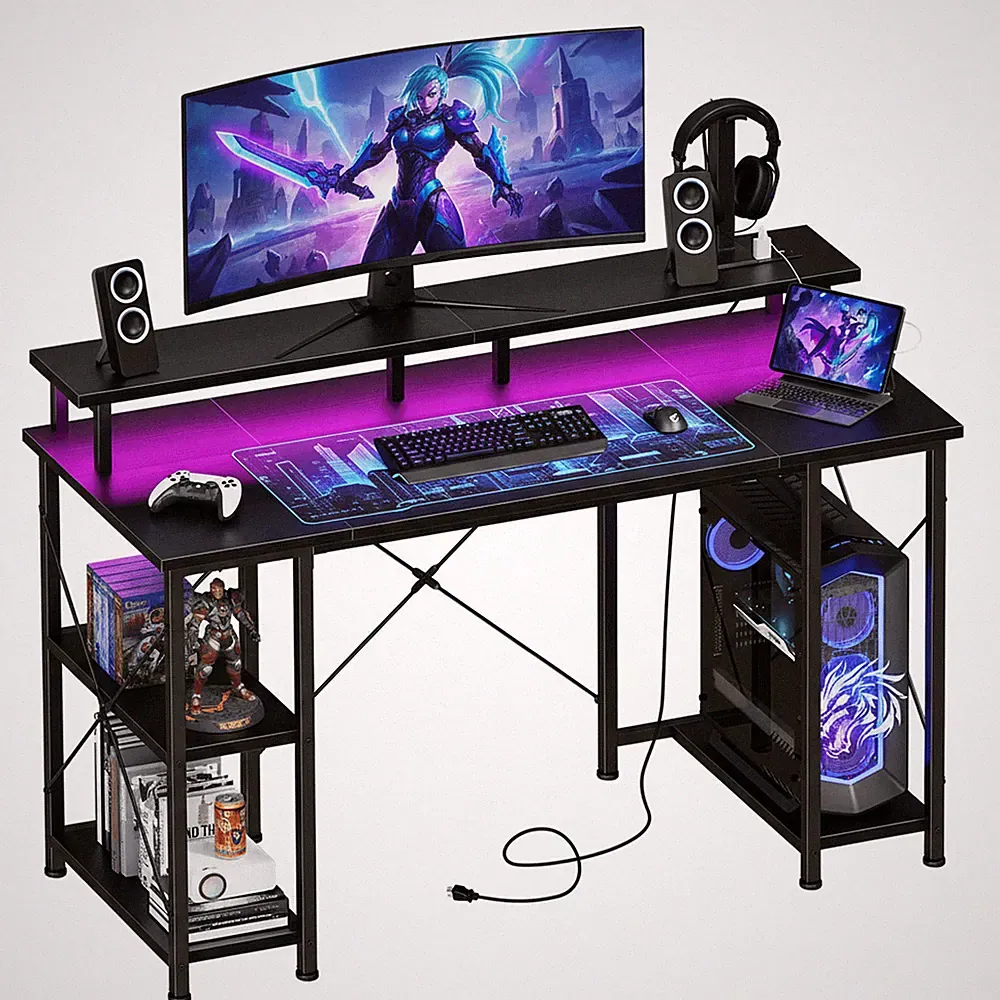 47" Computer Gaming Desk w/LED Lights,Power Outlet,Monitor Stand,Storage Shelves