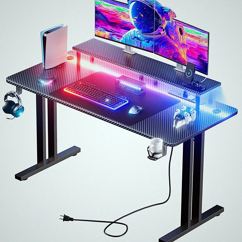47'' Gaming Desk with LED Light & Power Outlets, Gamer Table with Monitor Stand