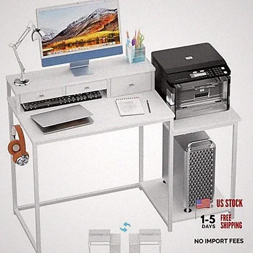 47 inch Computer Desk with Printer Shelf, Gaming Desk with Monitor Stand White