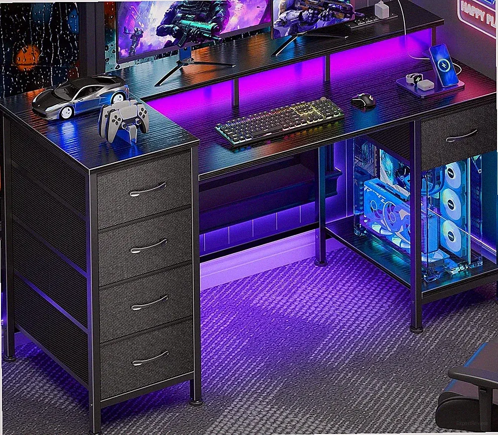 47 Inch Computer Gaming Desk Table Power Outlets LED Lights Reversible 5 Drawers