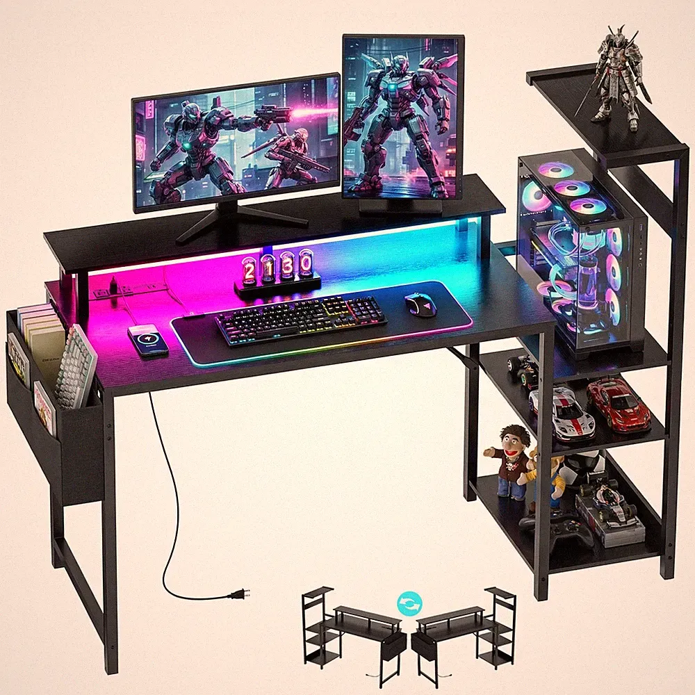 47 Inch Gaming Desk With Monitor Stand, Shelves, RGB LED, USB, PC Tower