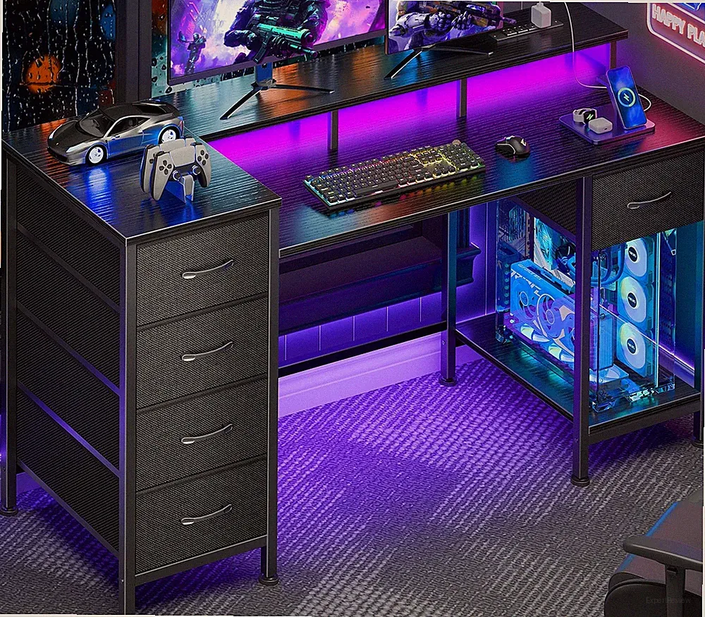47 Inch Gaming Desk with Power Outlets and LED Lights, Reversible Computer Desk