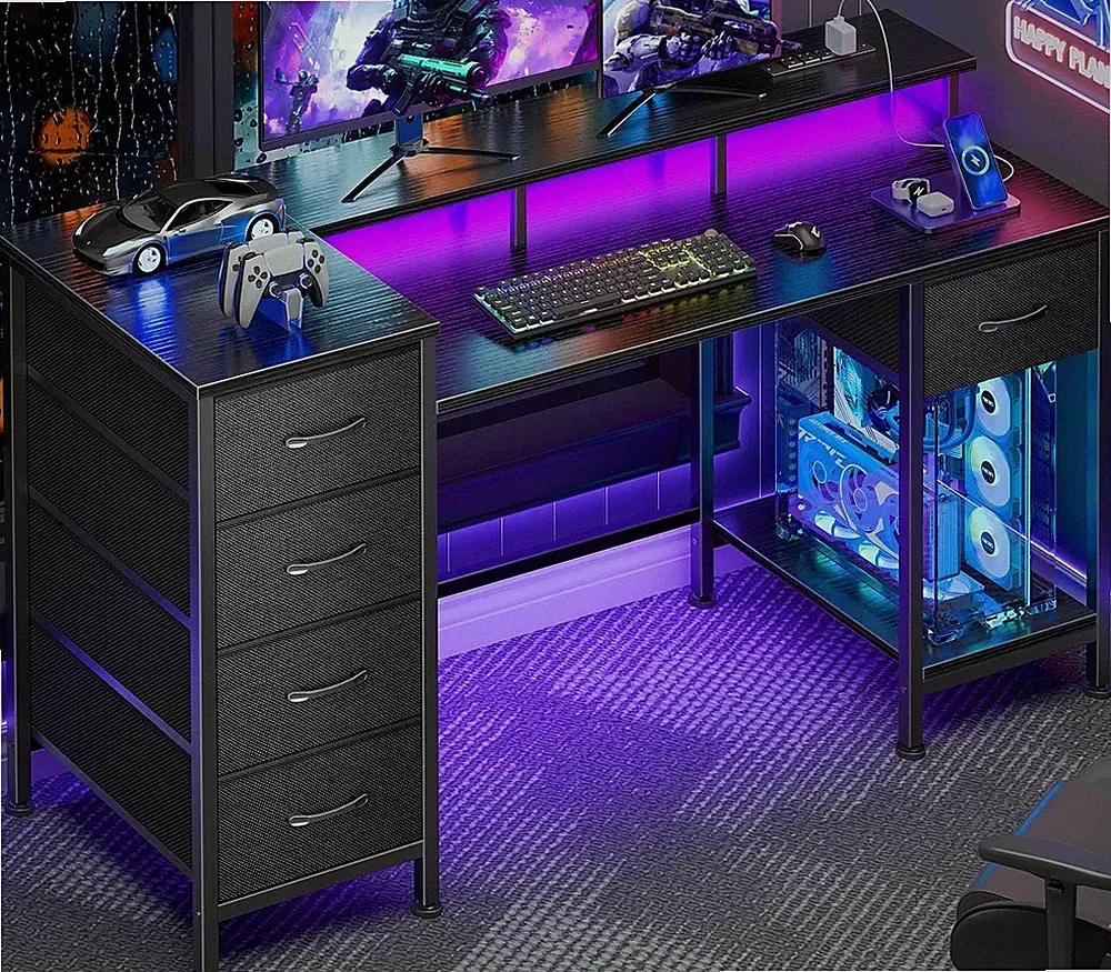 47 Inch Gaming Desk with Power Outlets and LED Lights, Reversible Computer Desk