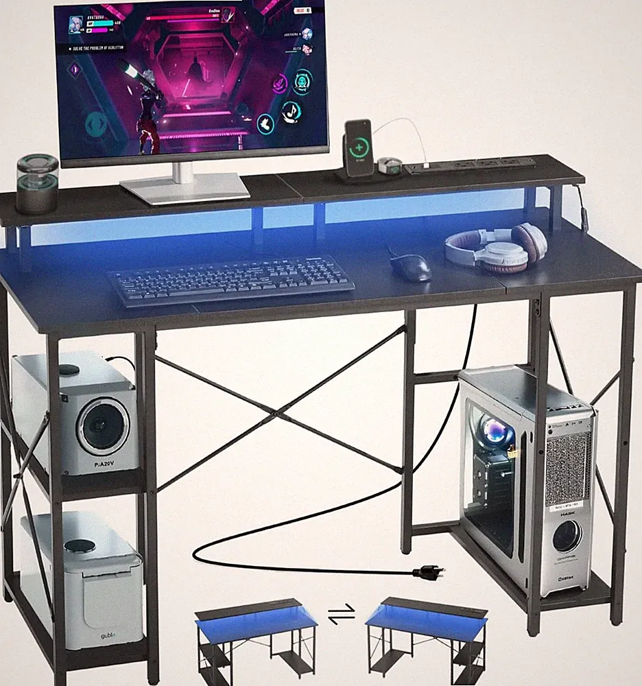 47" LED Gaming Desk with Power Outlets & Storage Shelves for Home Office