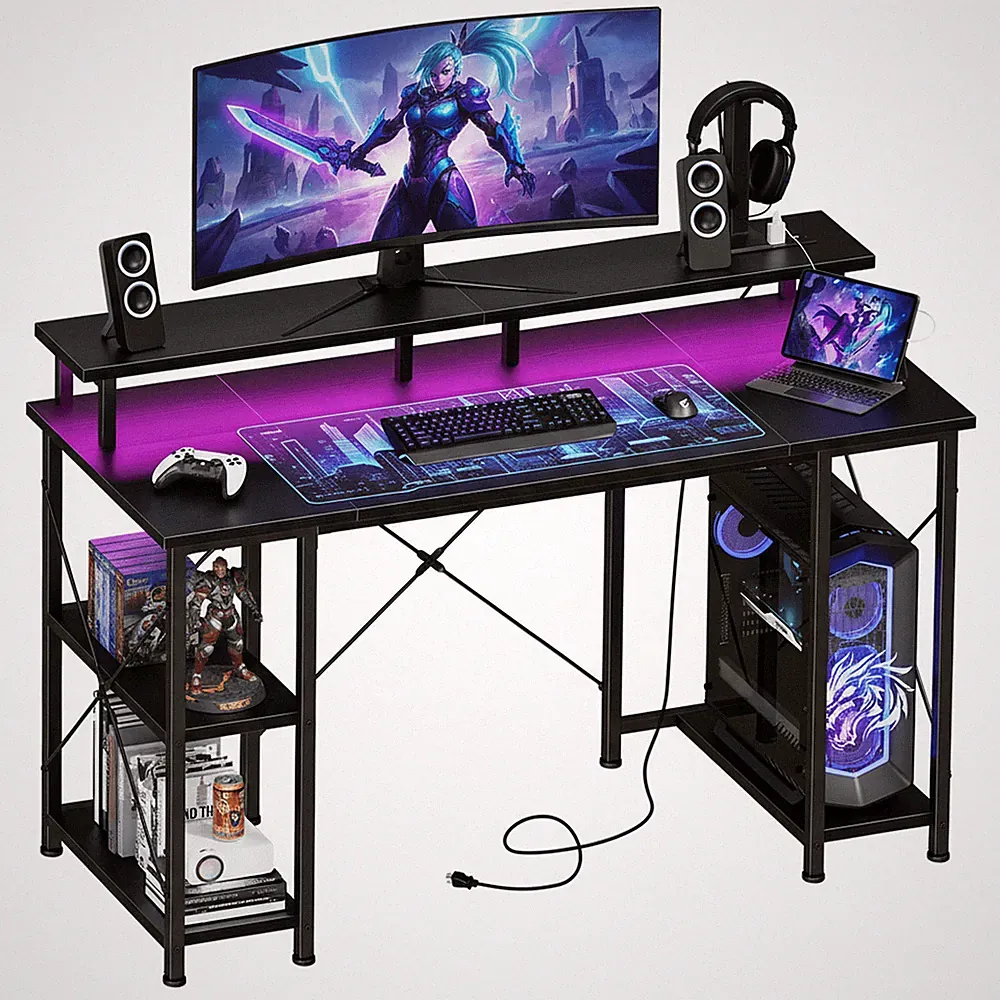 48" Computer Gaming Desk w/ LED Light Power Outlet Monitor Stand Headphone Hook