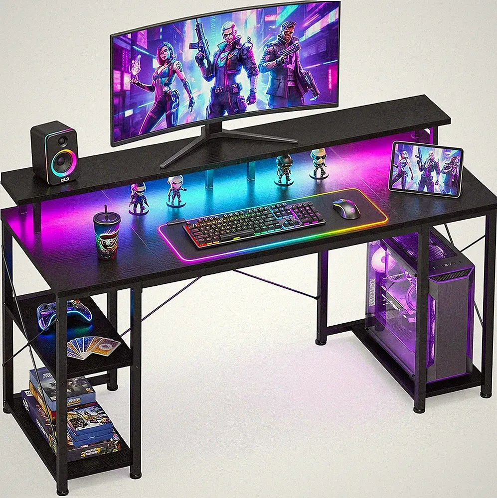 48 inch Gaming Desk with LED Lights, Computer Desk with Monitor Stand & Storage
