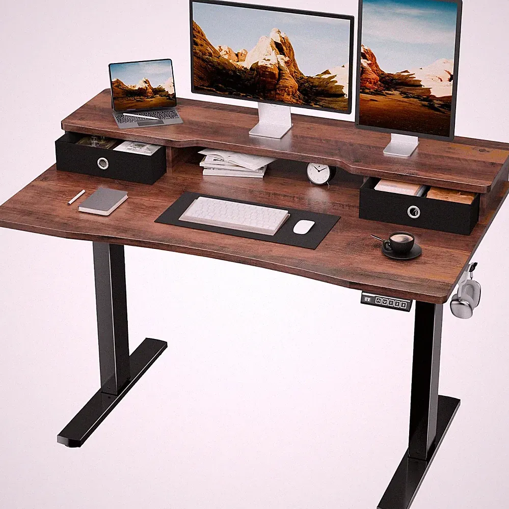48X24 Inch Electric Standing Desk with 2 Drawers & Dual-Monitor Shelf, C-Clamp M