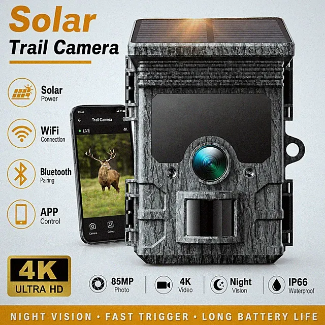 4K Solar Trail Camera WiFi Bluetooth Alarm Farm Home 85MP Wildlife Hunting Game