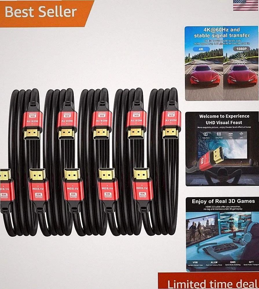 5-Pack 10FT Ultra High Speed HDMI 2.1 Cable - 48Gbps for PS5 & Xbox Series X