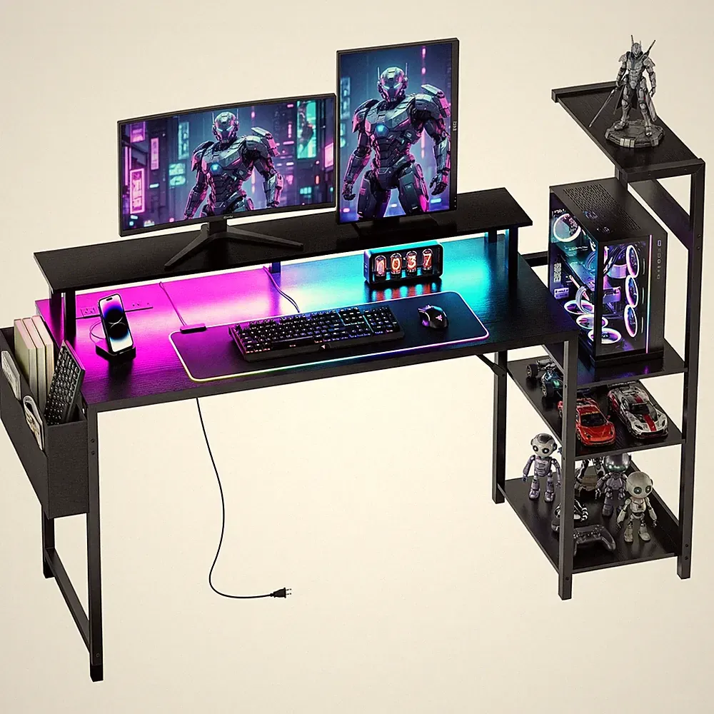 54 Inch Gaming Desk With Monitor Stand & Shelves, LED Lights, USB Ports, PC