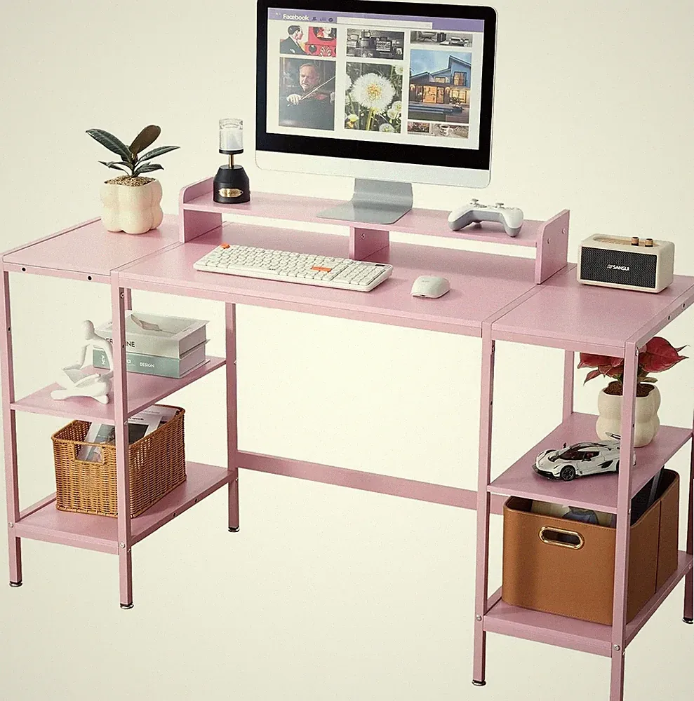 55” Gaming Desk w/ 34” Monitor Shelf Storage PC Computer Study Table Pink