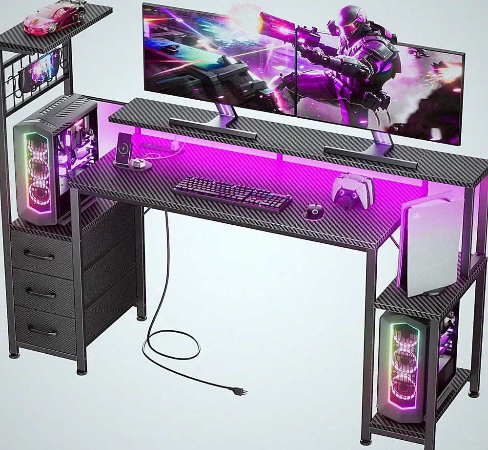 55" LED Gaming Desk with Power Outlets, Drawers & Monitor Stand - Carbon Fiber B