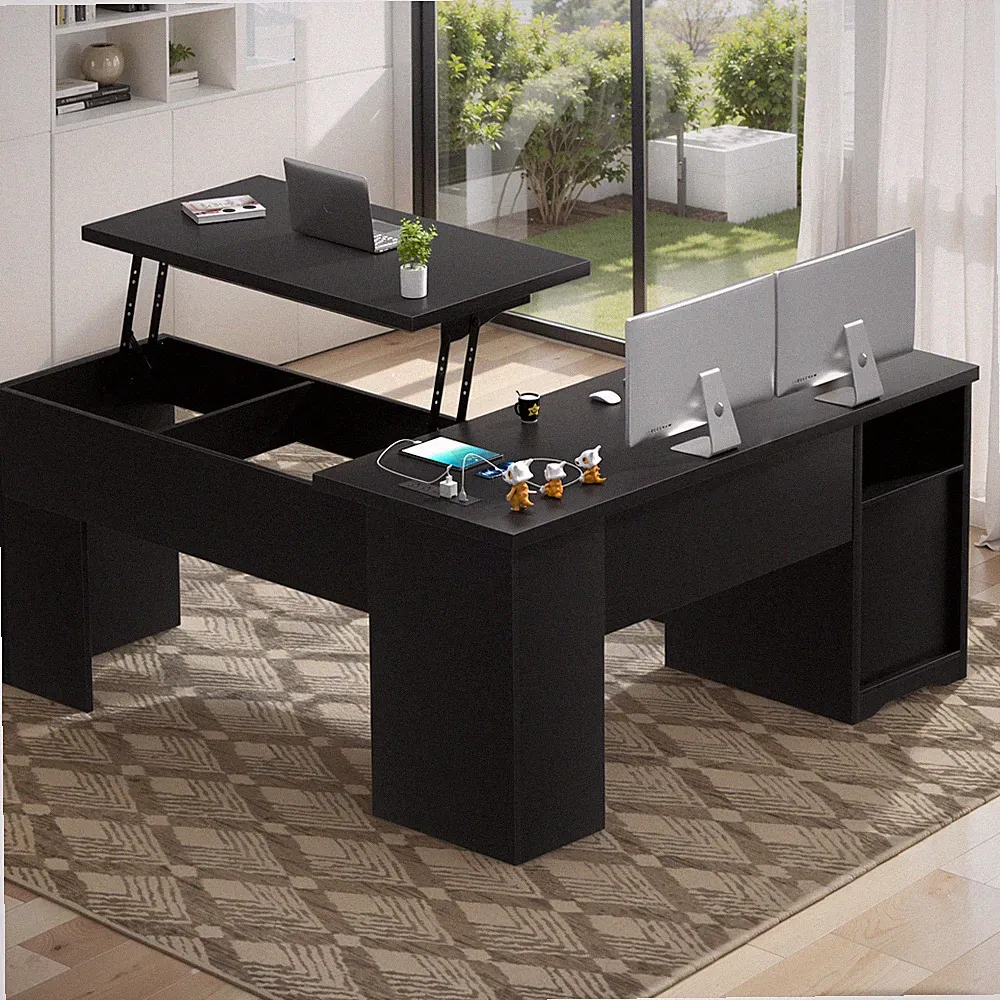 56" L-Shaped Large Office Desk with Lift Top ＆ Drawer ＆ Outlets,Ergonomic Design