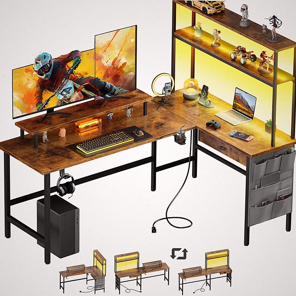 L-shaped gaming desk with monitor mounts