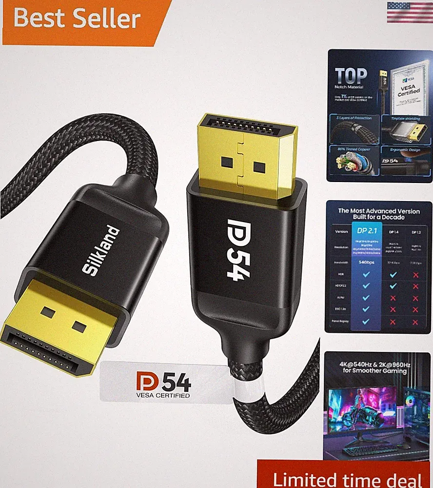 6.6FT DisplayPort 2.1 Cable, Certified for 16K, 8K, 4K - Ideal for Gaming
