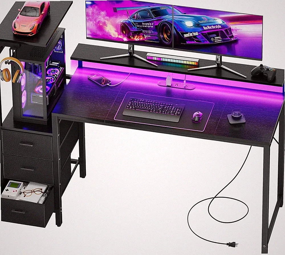 60" Gaming Desk with Led Lights, Outlets & Shelves, Computer Home Office Desk