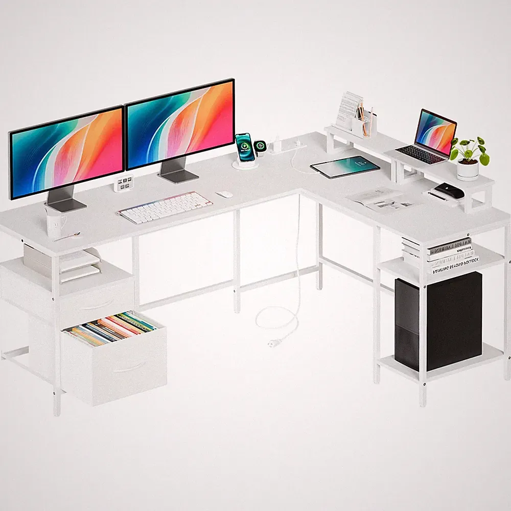 62 Inch L Shaped Gaming Desk with Charging Station & 2 Monitor Stands, Comput...