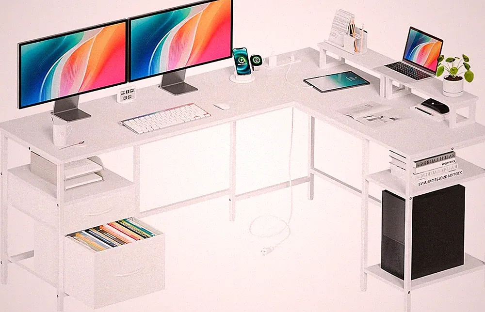 62 Inch L Shaped Gaming Desk with Charging Station & 2 Monitor Stands, Computer