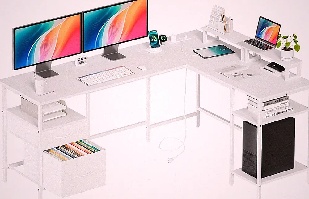 62" L Shaped Computer Desk w/Charging Station&2 Monitor Stands&Storage Drawers