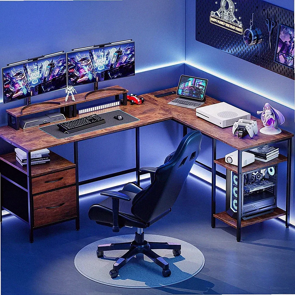 62" L Shaped Gaming Desk w/Charging Station&Dual Monitor Stands&2 Fabric Drawers
