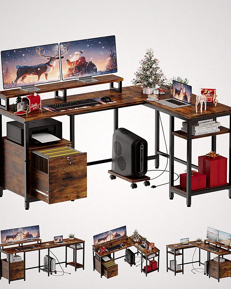 67" L-Shaped Computer Desk Gaming Desk with File Drawer, Monitor Stand, Shelves