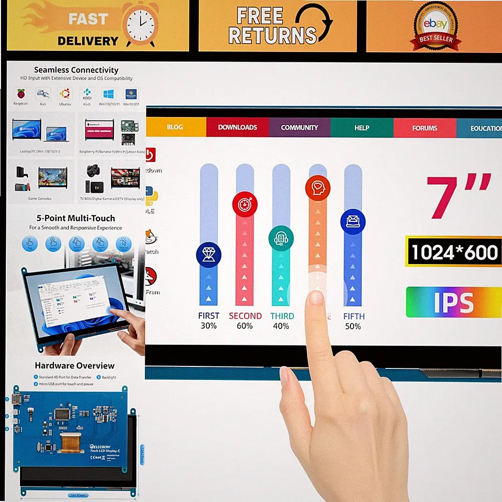 7" 1024x600 IPS Touchscreen LCD Monitor for Raspberry Pi 5/4/3, Windows Compatib