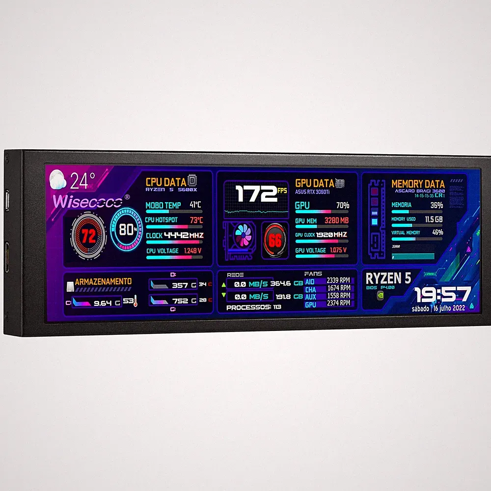 7.84 Inch Mini Monitor HD IPS 1280x400 Secondary Screen Stretched Bar LCD Dis...