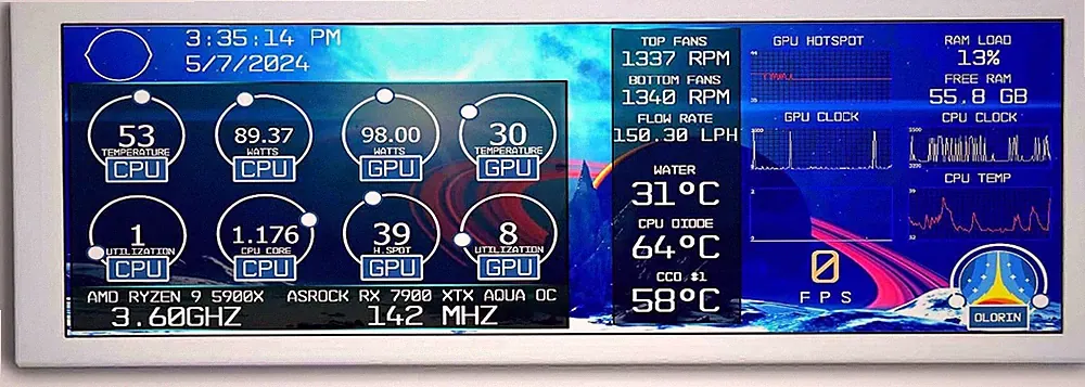 7.84" Mini IPS Monitor 1280x400 for PC/Laptop Speed & Temp Monitoring