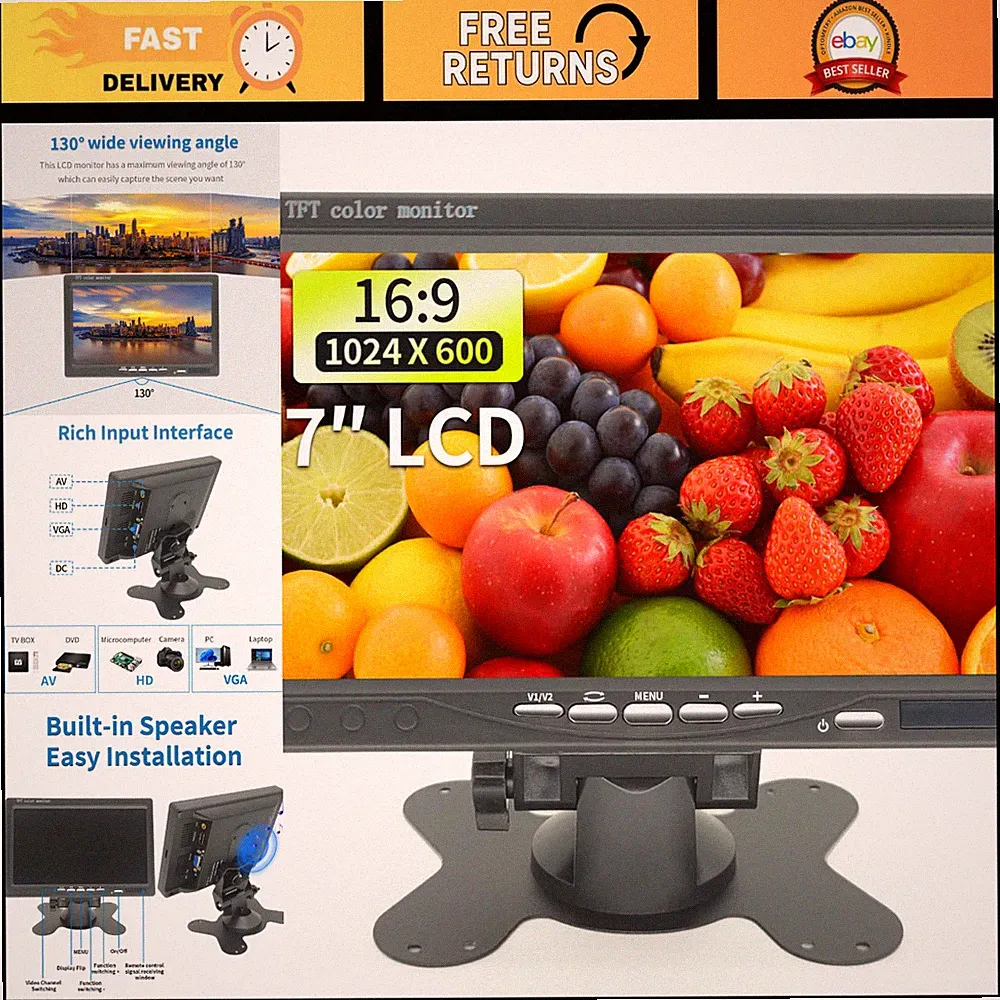 7" HD Security Monitor, 1024x600, AV/VGA Input, Built-in Speakers, Portable LCD
