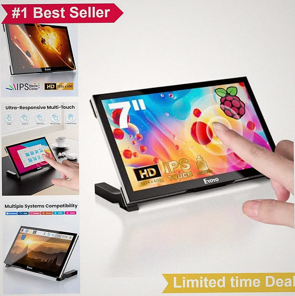 7 Inch Touchscreen Monitor 1024x600 IPS HDMI Raspberry Pi 5 4 Capacitive USB-C