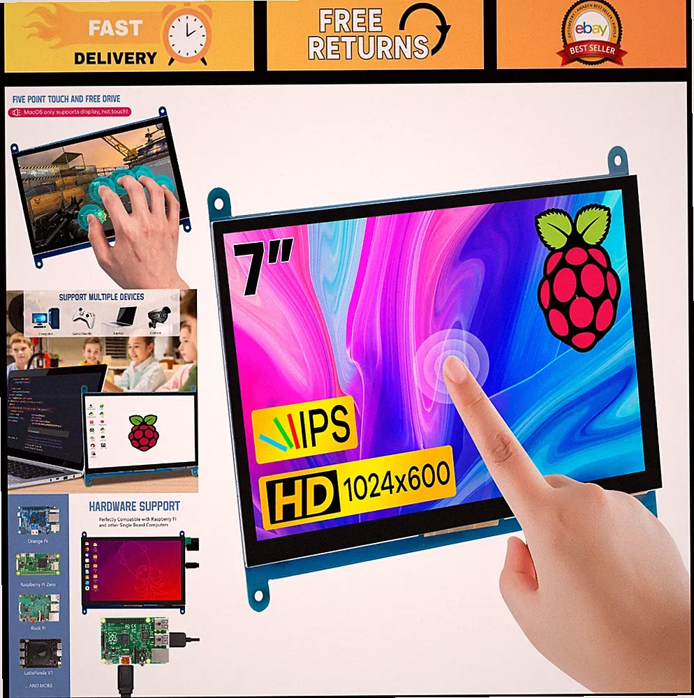 7" IPS Touch Screen Monitor 1024x600 HDMI for Raspberry Pi 5/4/3, Windows 10/8/7