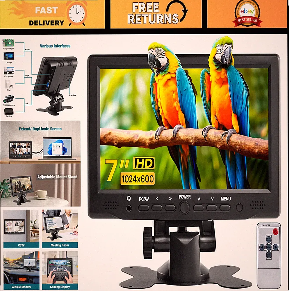 7" Portable TFT LCD Monitor 1024x600 HDMI Display for PC, TV, Camera, Gaming