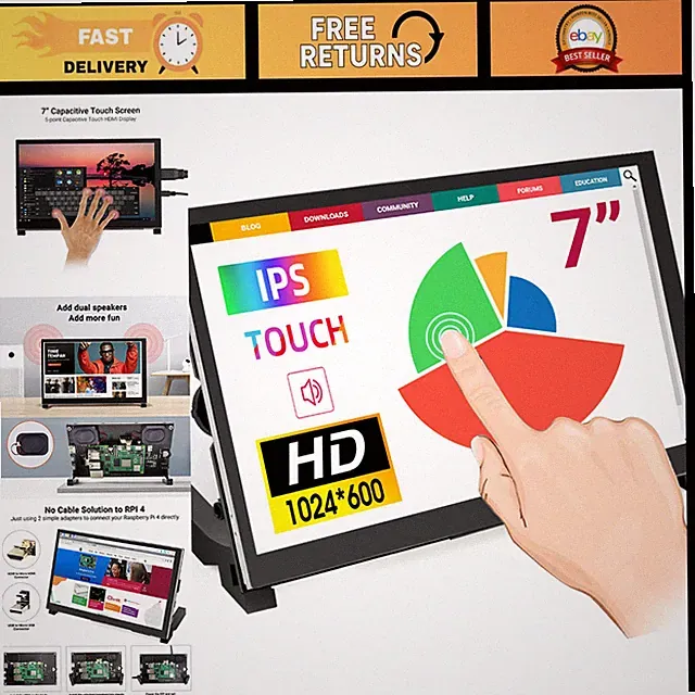 7" Touchscreen Monitor for Raspberry Pi - 1024x600 IPS HD Mini LCD Display, Stan