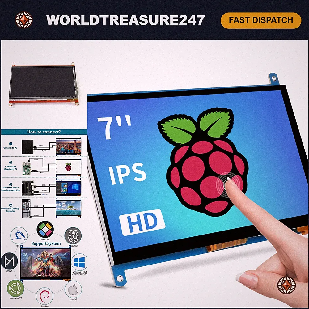7" Touchscreen Monitor IPS 1024x600 HDMI Display for Raspberry Pi & Windows 10/8