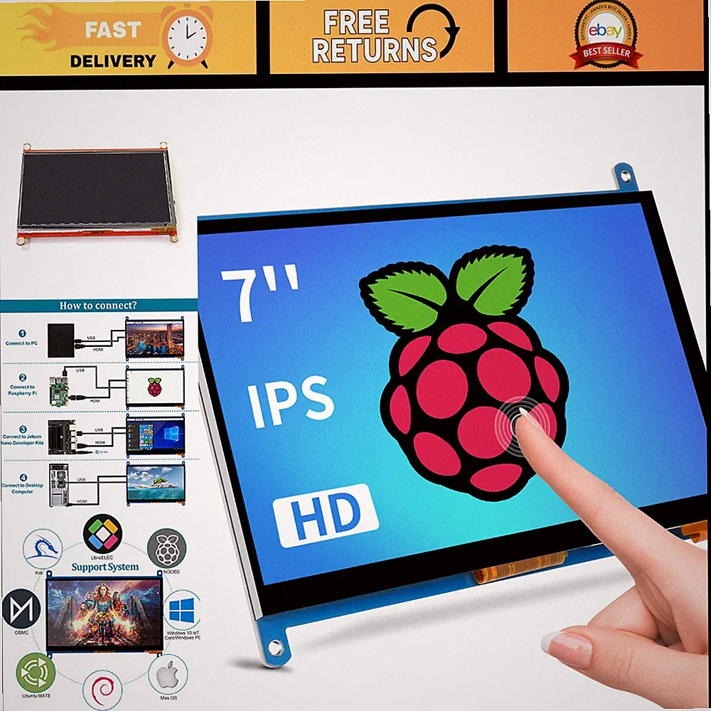 7" Touchscreen Monitor IPS 1024x600 HDMI for Raspberry Pi & Windows - 5-Point Di