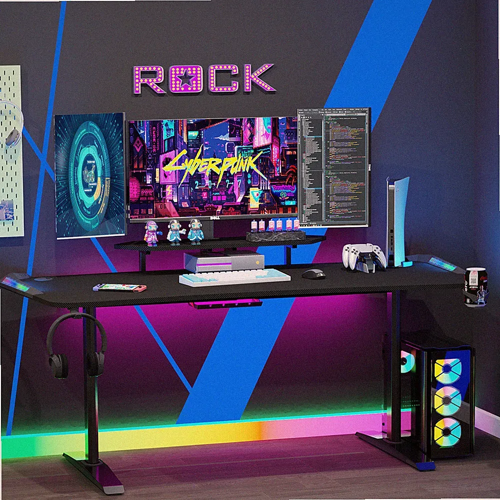 71"Ergonomic Gaming Desk Cool RGB Led Computer Workstation Table w Monitor Shelf