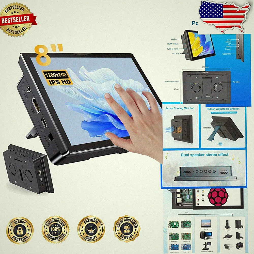 8 Inch Portable Monitor IPS 1280x800 Touchscreen for Raspberry Pi 5/4B
