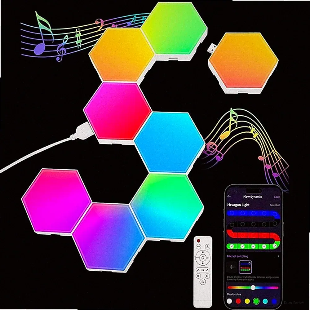 8 pc LED Hexagon Light Wall Panels Smart Sync RGB Remote+App+Wired Music Gaming