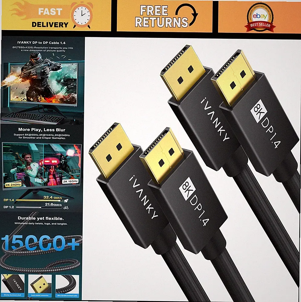 8K DisplayPort 1.4 Cable 2 Pack, 6ft High Speed DP Cord for Gaming Monitor, PC