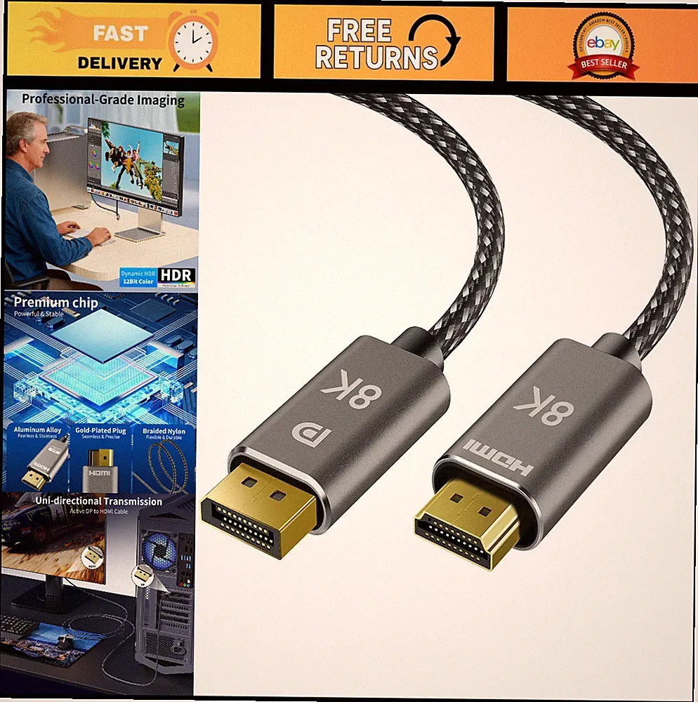 8K DisplayPort to HDMI Cable 10ft, 8K@60Hz, 4K@240Hz, Braided Cord for PC/Monito