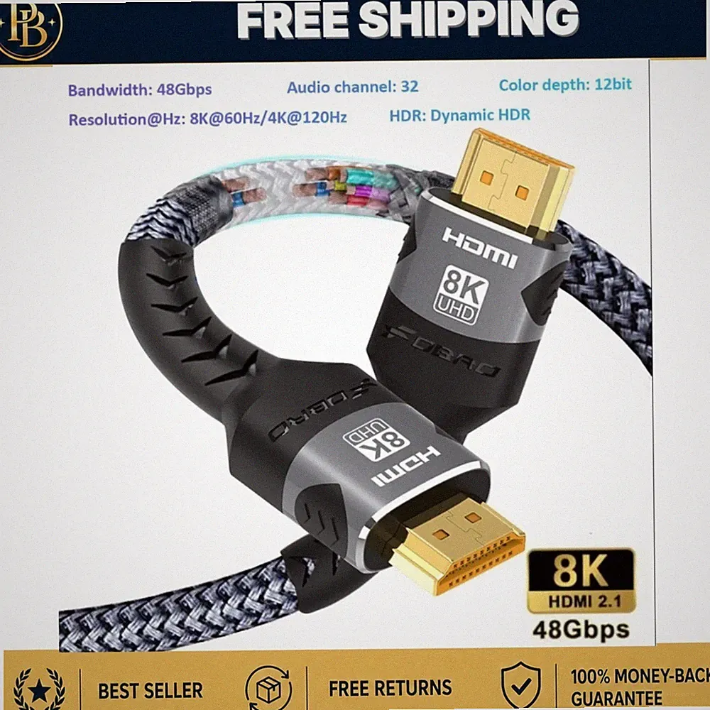8K HDMI 2.1 Cable 48Gbps Braided 4K 120Hz for PS5 TV Laptop