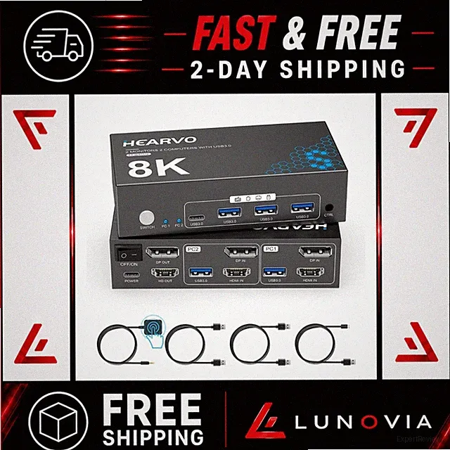 8K HDMI DisplayPort KVM Switch 2 Monitors 2 Computers USB 3.0 5Gbps