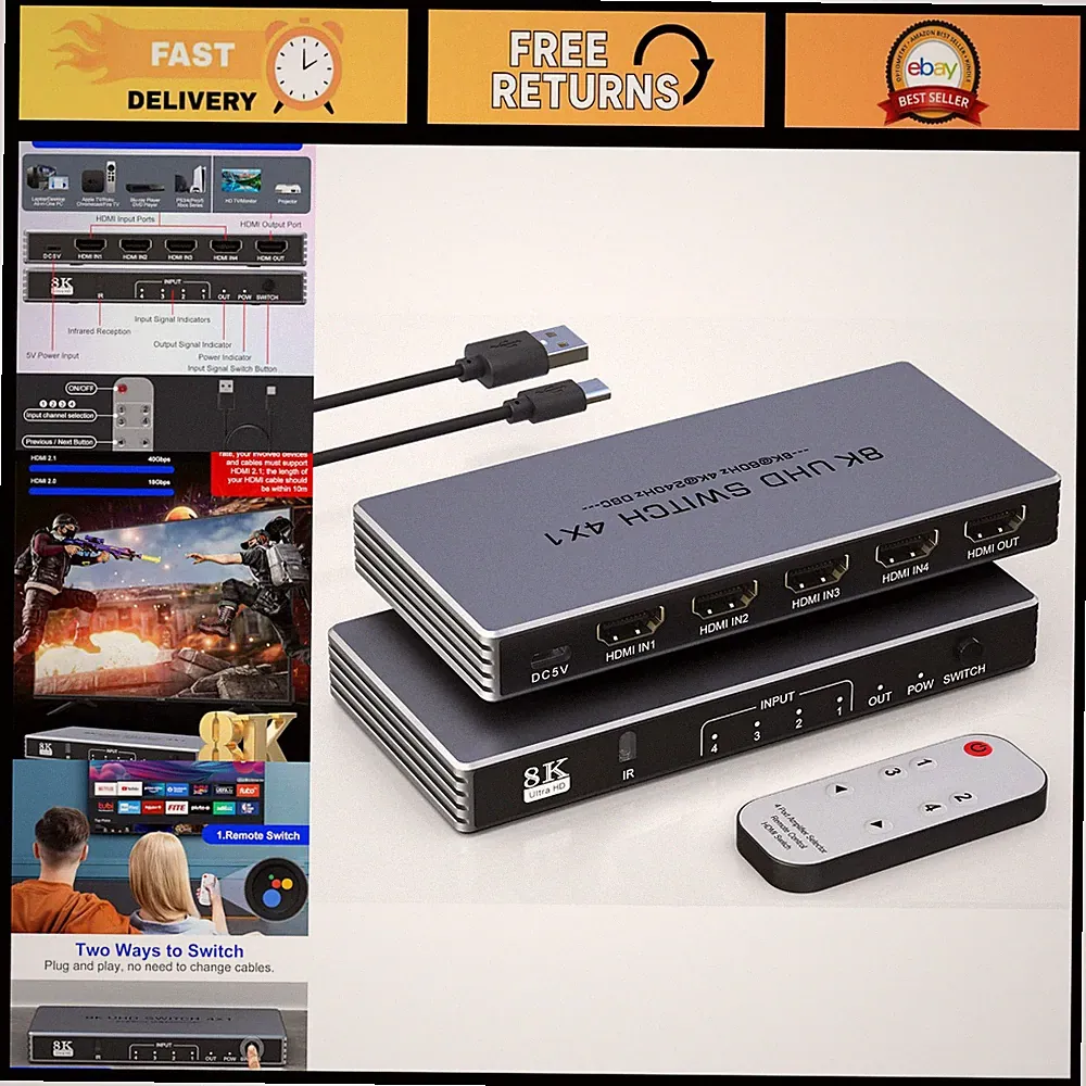 8K HDMI Switcher 4x1 with Remote - 4K@240Hz/144Hz/120Hz, Supports PS5/Xbox/Ninte