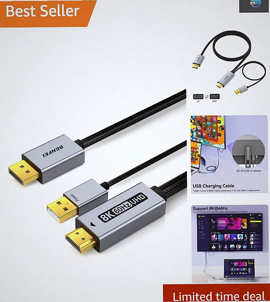 8K HDR DisplayPort to HDMI 2.1 Cable — Ultra HD 60Hz/240Hz for Gaming & Content