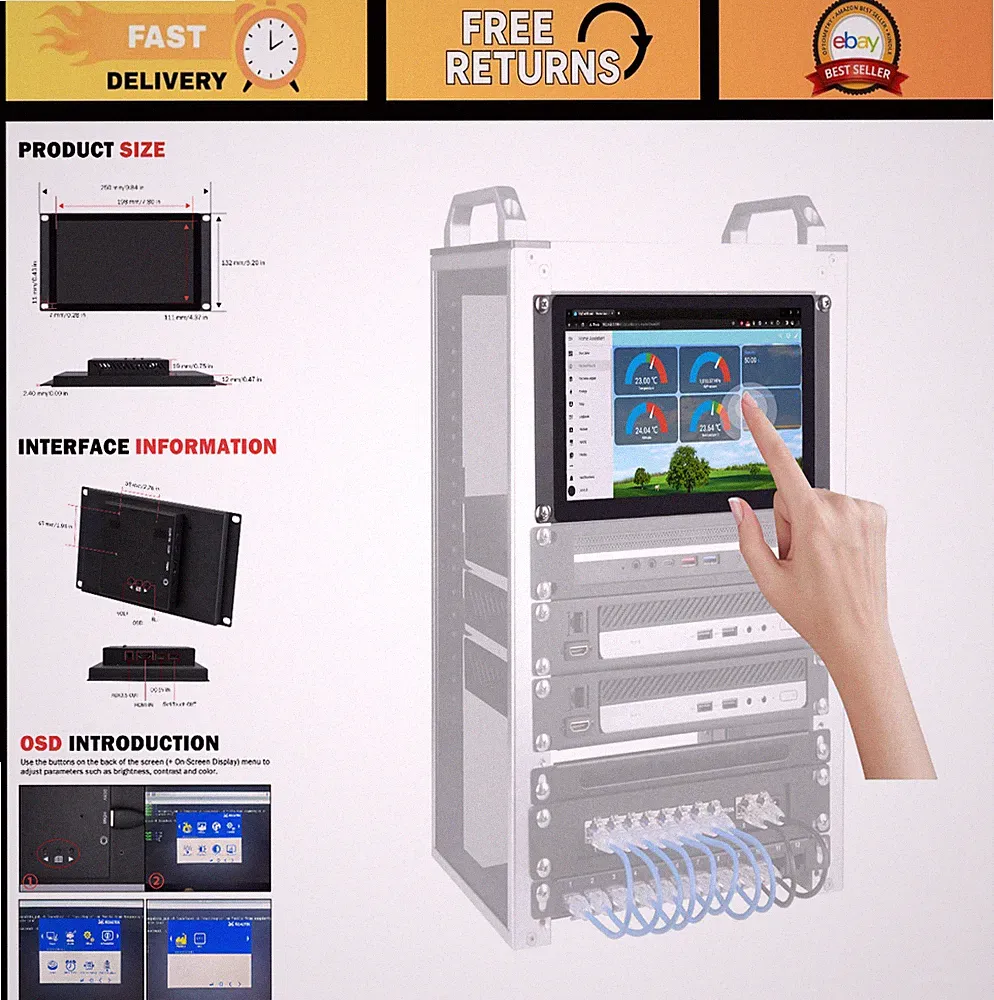 9" 1280x720 LCD Touch Screen Monitor for 3U Rack Mount, Server Cabinet, Mini Rac