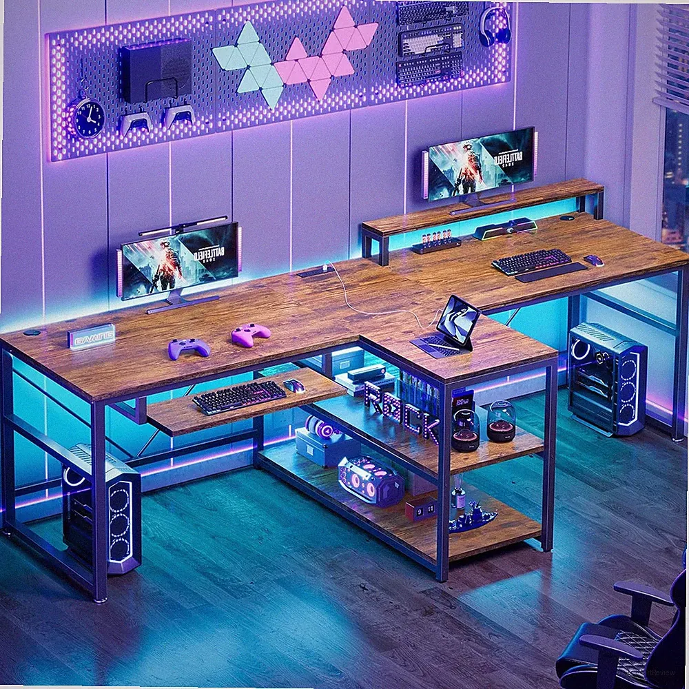 94.5" 2 Person Gaming Desk with Storage Shelf,Led Light,Rustic Brown | Double T