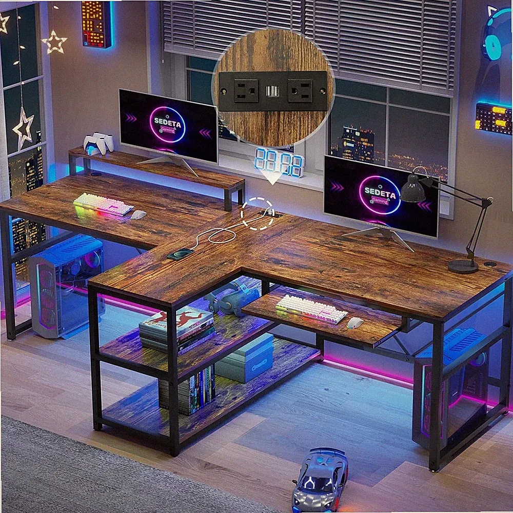 94.5" Extra Long Double Desk with LED Lights, Keyboard Tray and Monitor Stand