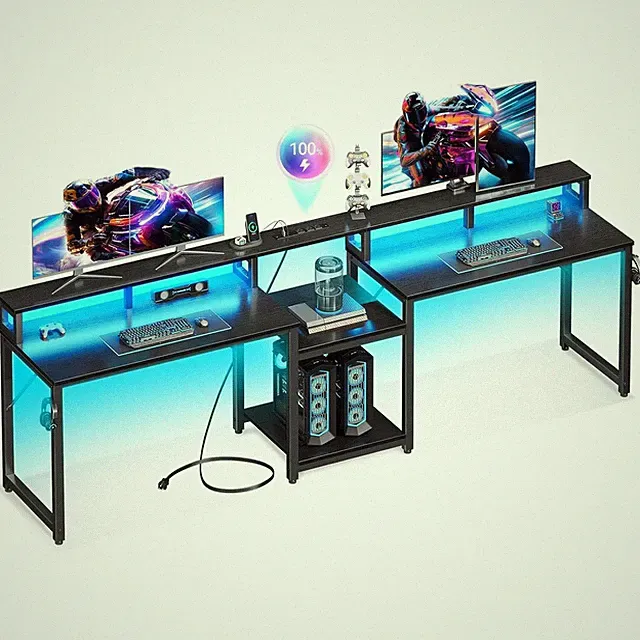 98 2P Gaming Desk Storage Shelves USB Charging LED Lights Monitor Stand Black