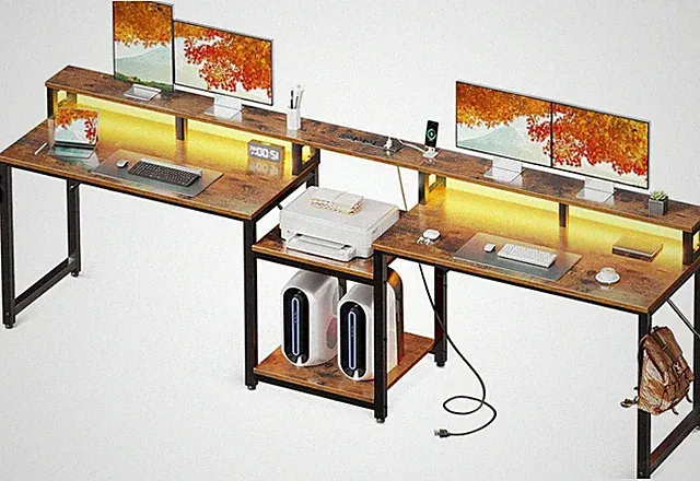 98in 2-Person Gaming Desk Storage Shelves USB LED Monitor Stand Vintage